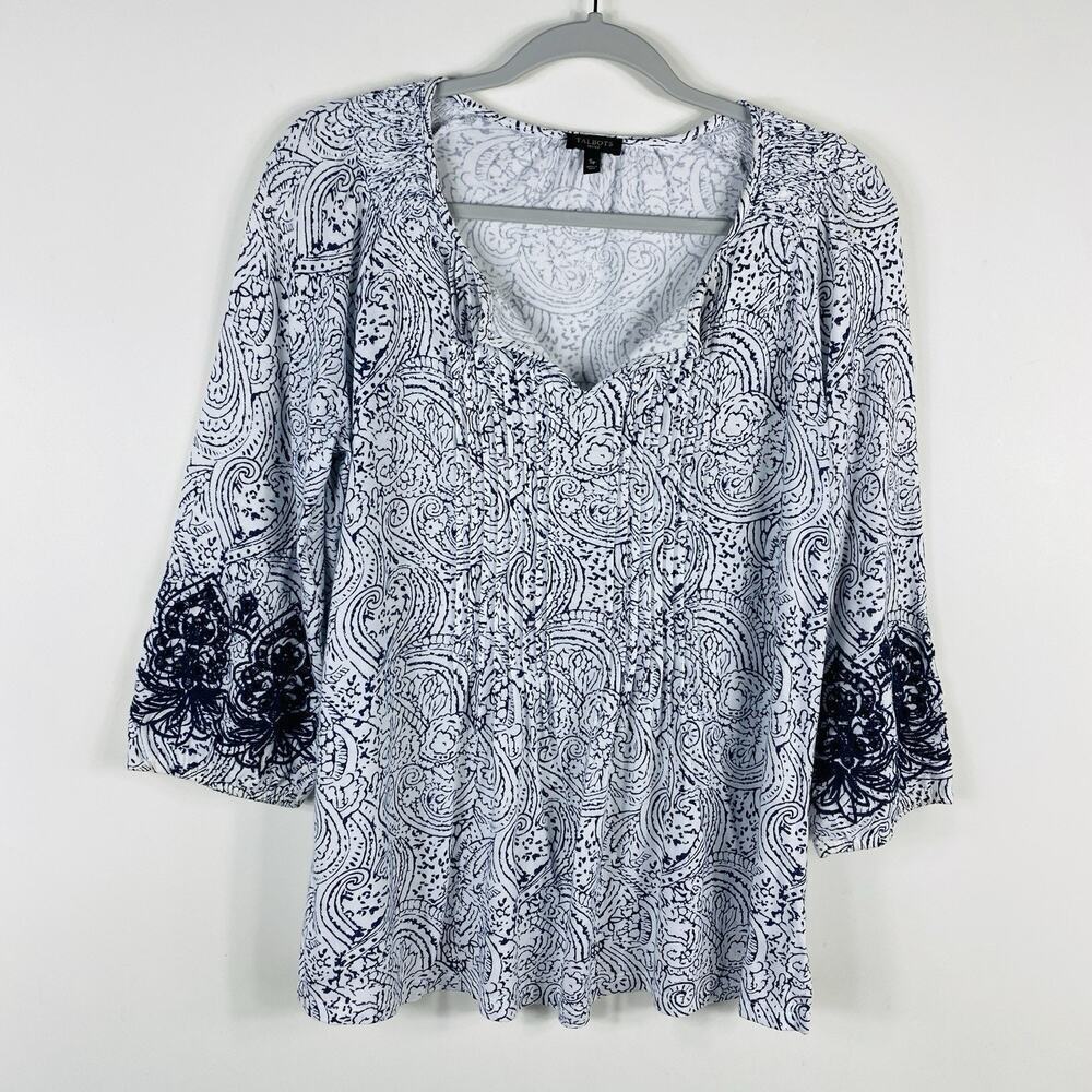 Talbots Size Small Petite Printed Embroidered Cutout Sleeve Top White Navy Blue